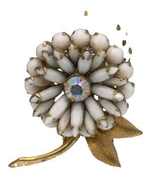 Vintage Gripoix Poured Glass White Floral Daisy Sunflower Brooch AB Rhinestone